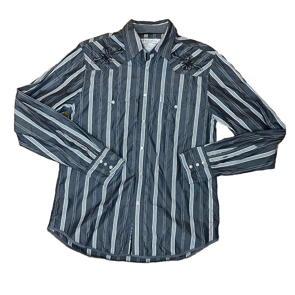 Guess Pearl Snap Shirt Mens Medium Black Long Sleeve Western Embroidered Cowboy‎